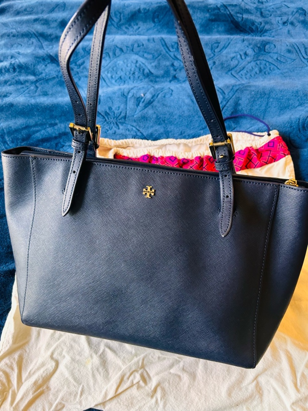 Tory Burch Navy Saffiano Leather Tote with Gold Logo DEAL